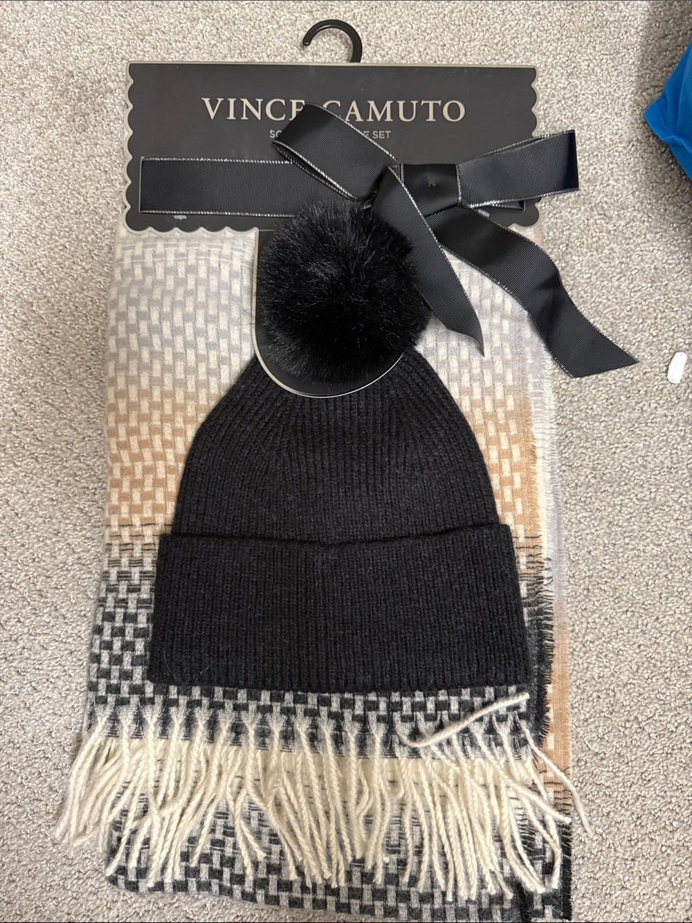 Vince Camuto Black Knit Pom Beanie with Neutral Fringe Scarf